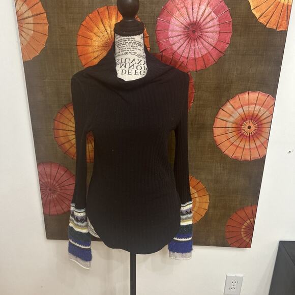 FREE PEOPLE Mixed Cuff Mock Neck Ribbed Knit Sweater Modern Boho Indie Sz M - Picture 2 of 6